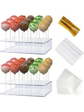 2 Pack Acrylic Cake Pop Stand Kit - Clear Display Holder with 100 Sticks